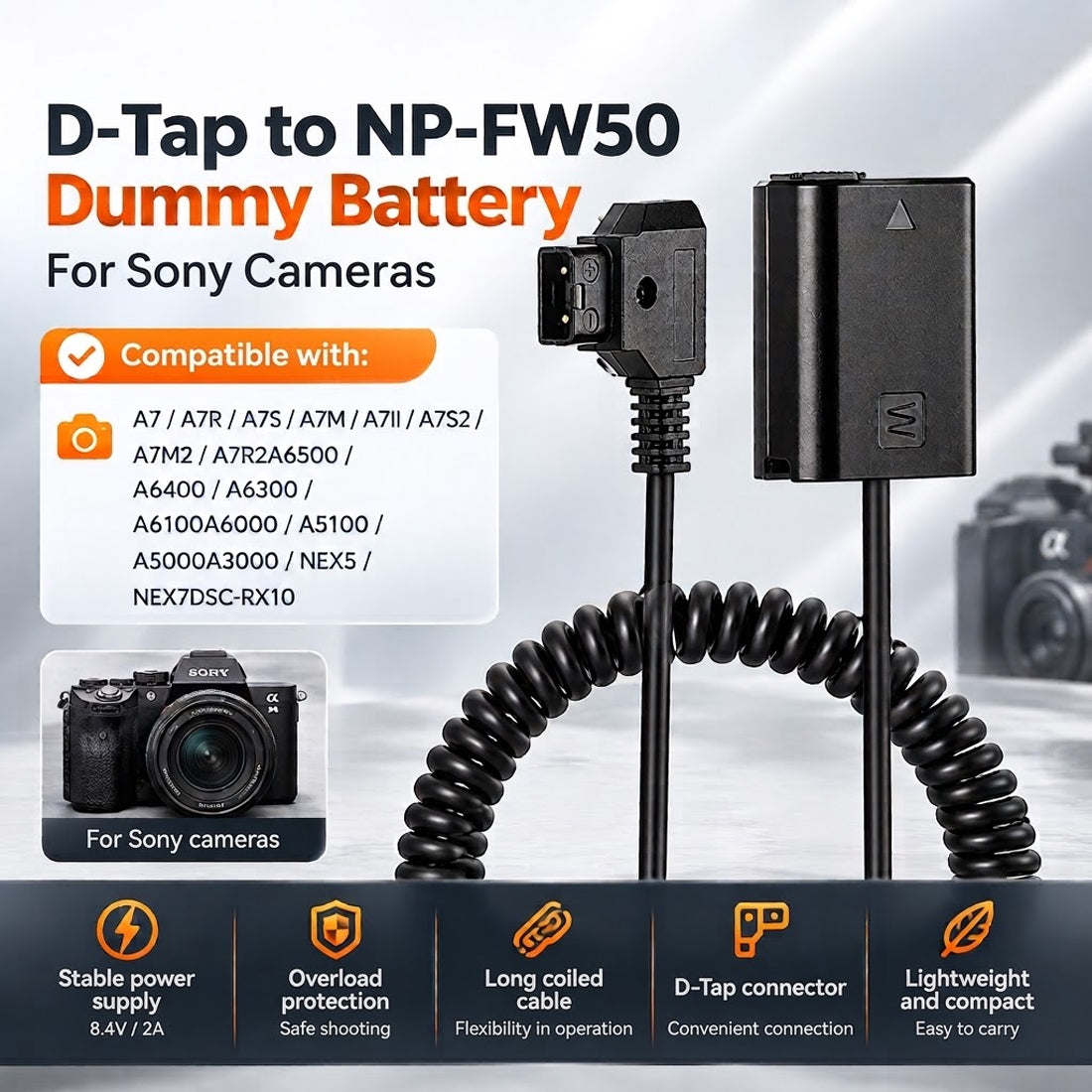 NP-FW50 Dummy Battery DC Power Adapter Cable for Sony Cameras D-Tap USBC Plug camera dummy battery TOPCINE D-Tap Plug