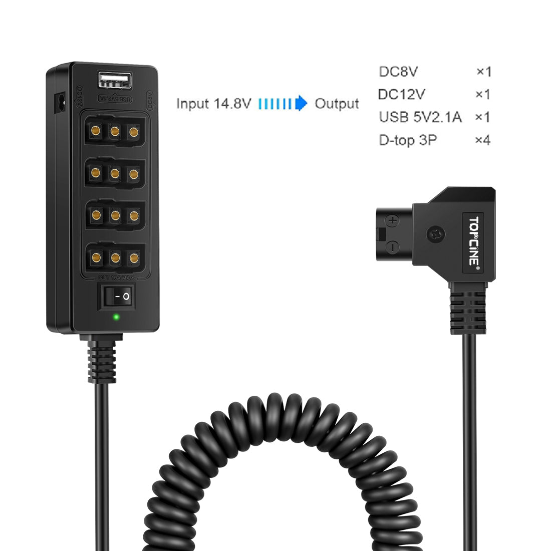 Topcine Multifunctional D-Tap Male Port To 4-D-Tap Female Port Coiled Splitter Cable with Power Switch D-tap for V-Mount V-Lock, Gold Mount Battery to 3P x 4 Female Port & USB for LCD Monitor, LED Video Light, BMPCC 4K 6K, ARRI RED Camera TOPCINE
