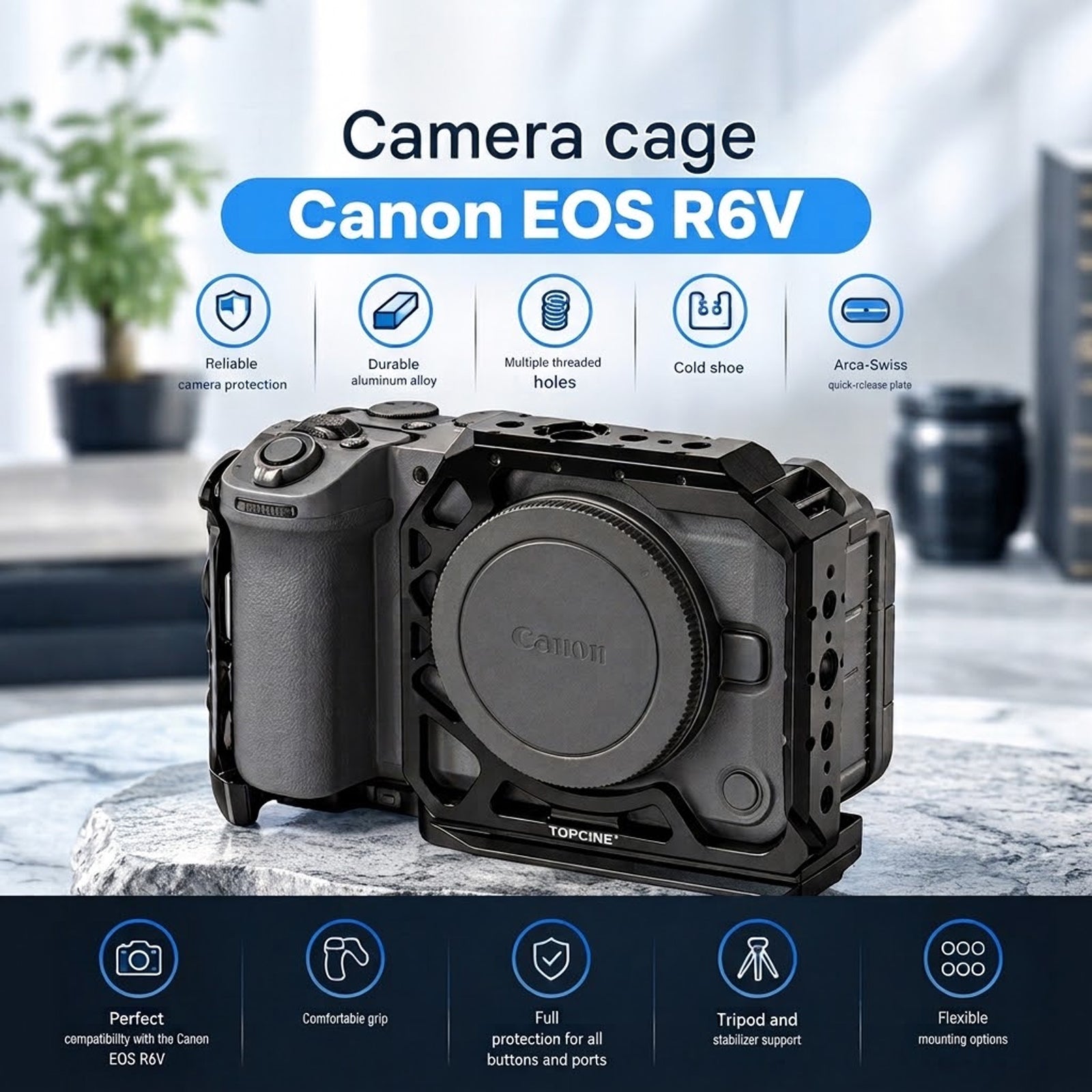 Camera Cage for EOS R6V with NATO Chute Arca Base Cold Shoe camera cage Topcine Official Store