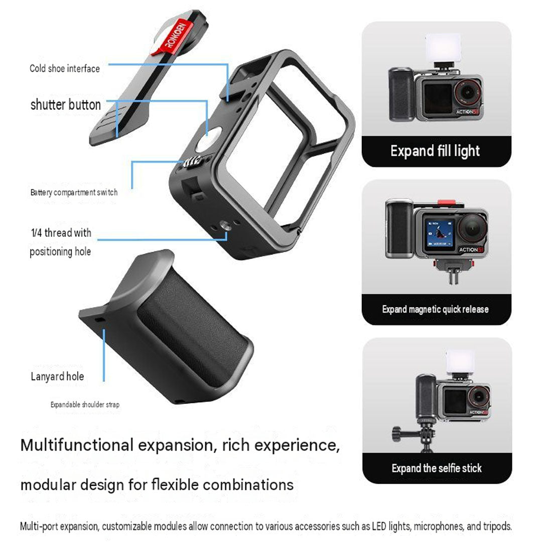 Metal Camera Cage with Handle Grip for DJI Osmo Action 5 Pro/Action 4/Action 3 camera cage TOPCINE